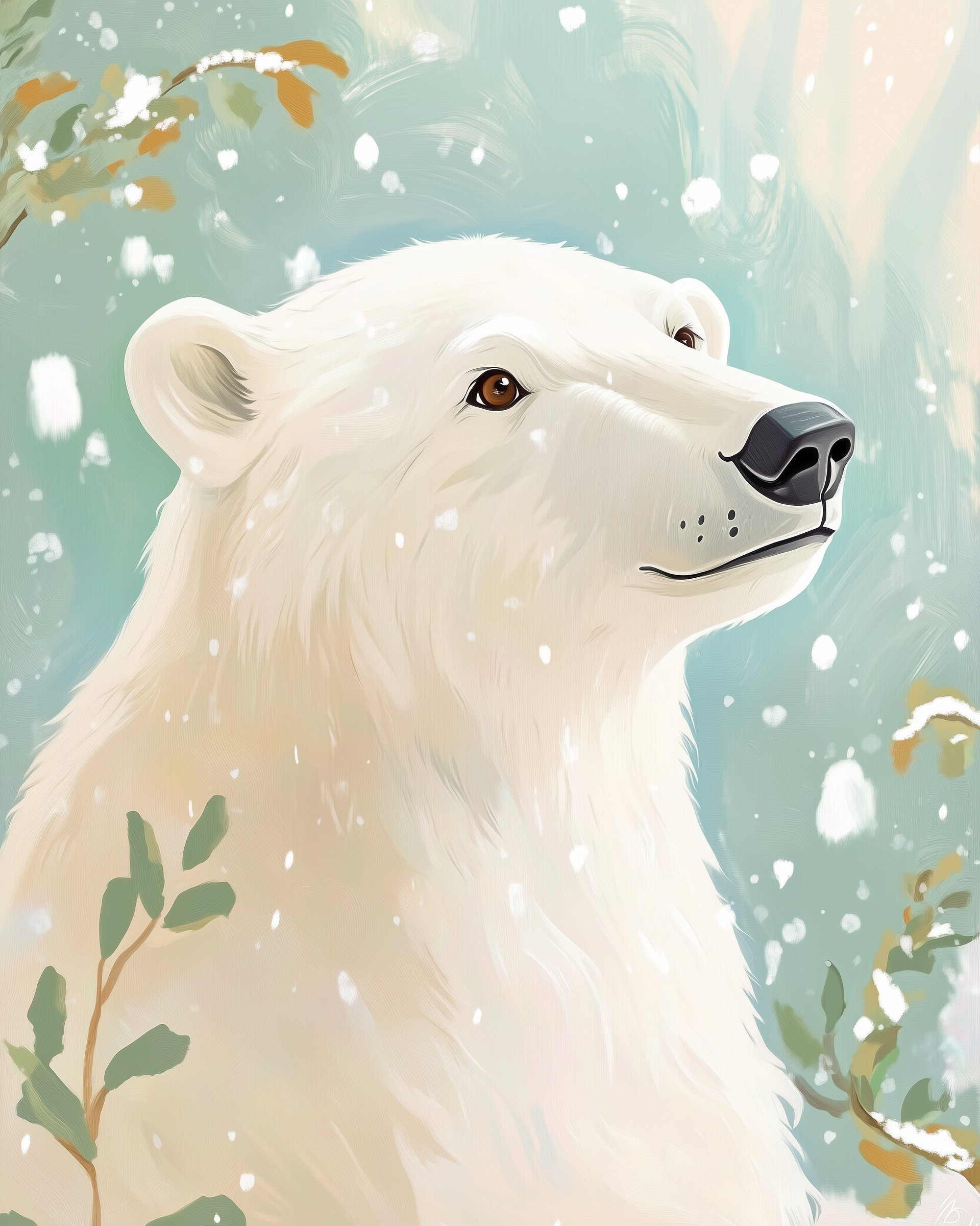 A serene illustration of a polar bear gazing upward, surrounded by softly falling snowflakes. Its white fur contrasts with the pale blue background, while sparse green and brown foliage adds a touch of color.