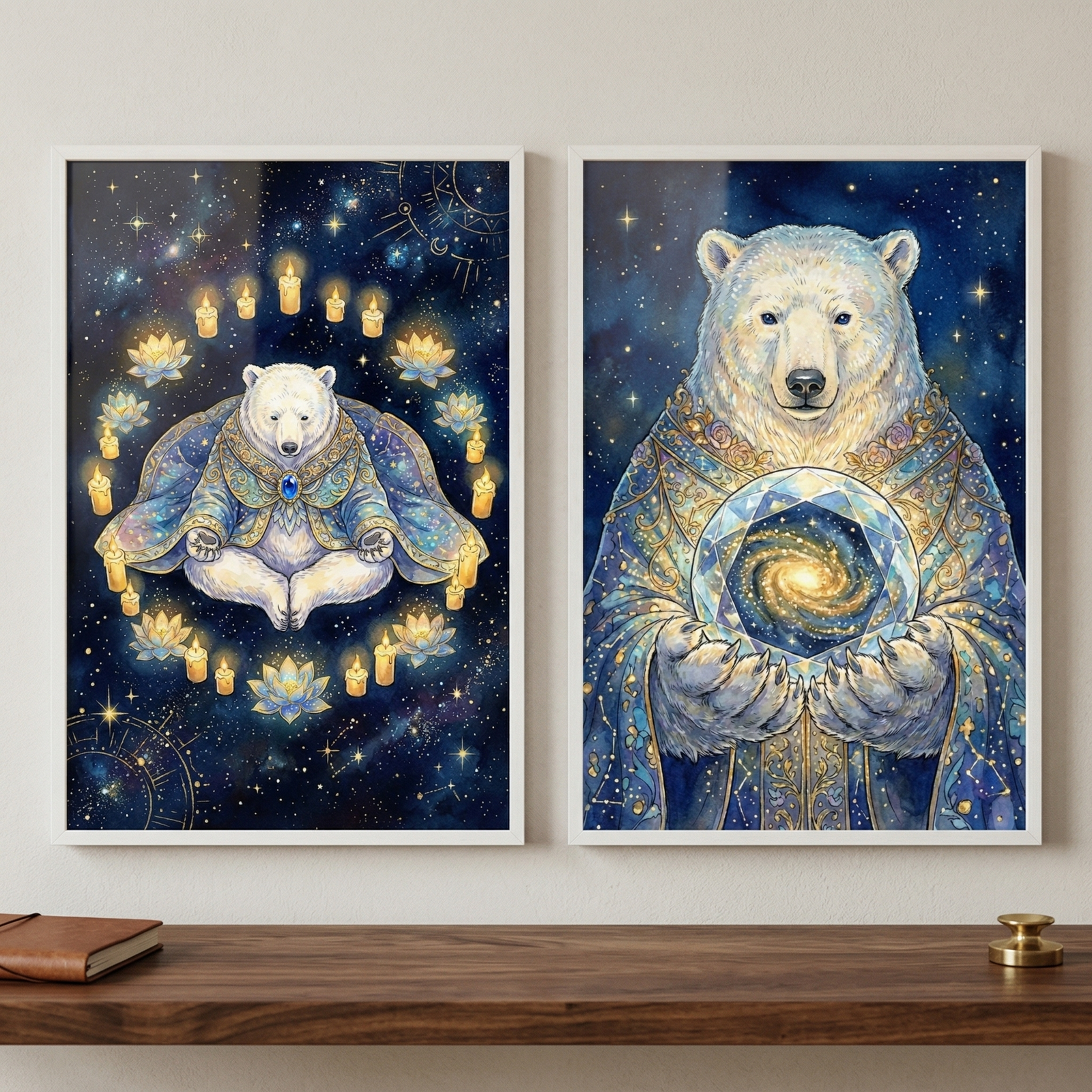 Two vertical white frames hang side-by-side on a neutral wall, showcasing cosmic-themed illustrations of polar bears. In the left frame, a polar bear sits in a meditative pose, dressed in an ornate blue and gold robe with a central jewel. It is encircled by glowing candles and golden lotus flowers against a dark blue, starry background. The right frame features a polar bear in a celestial-patterned robe holding a luminous crystal orb containing a swirling golden galaxy. 