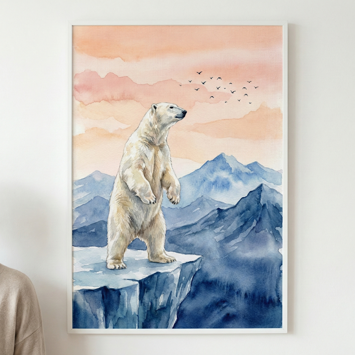 A vertical watercolor illustration depicts a polar bear standing on its hind legs atop a blue-toned cliff. The bear looks toward the right side of the frame across a series of rugged mountain ranges rendered in shades of indigo and slate. The sky is a gradient of peach, soft pink, and orange, with a scattered flock of small birds flying in the distance. The artwork uses fluid washes and textured strokes to create a serene arctic scene, displayed in a simple white frame.
