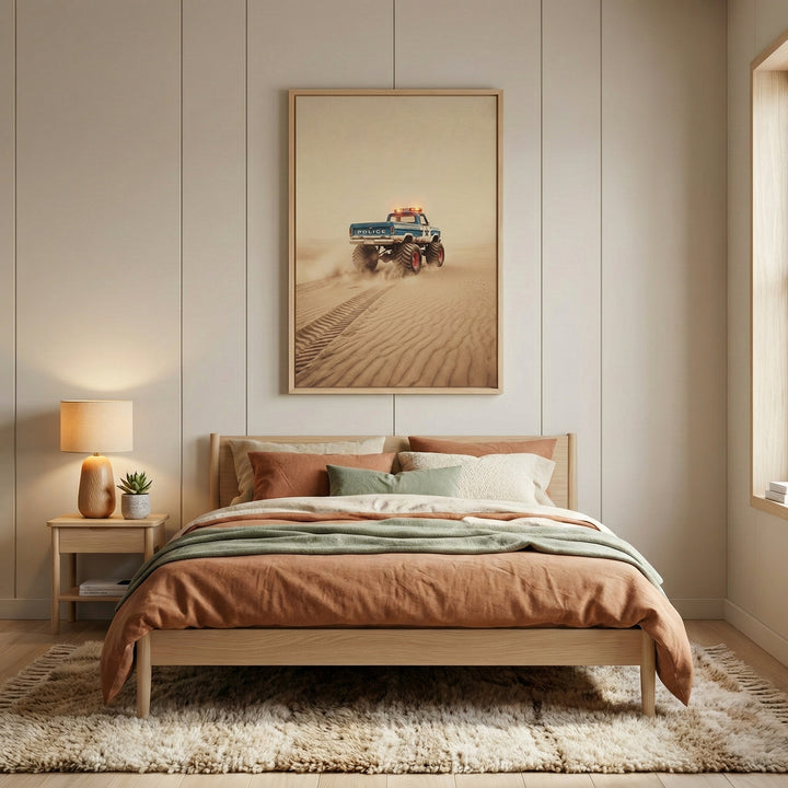 A serene, modern bedroom featuring a light wood bed frame dressed with a terracotta-colored duvet, a sage green throw, and a variety of neutral and earth-toned pillows. Above the bed, a large framed piece of artwork depicts a blue monster truck with large tires driving across a sandy desert landscape. To the left, a wooden nightstand holds a lamp with a rounded tan base and a small potted plant. The walls are a soft beige with vertical paneling, and a thick, textured cream-colored rug lies on the floor bene