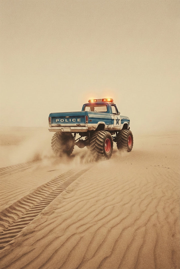 A blue and white vintage-style pickup truck, modified with massive monster tires and a high suspension, drives across a vast, sandy desert. The truck has a police theme, with an amber light bar glowing on the roof and the word "POLICE" displayed on the tailgate. Thick clouds of sand kick up from the large wheels, leaving deep, prominent tire tracks in the foreground dunes under a hazy, golden sky.