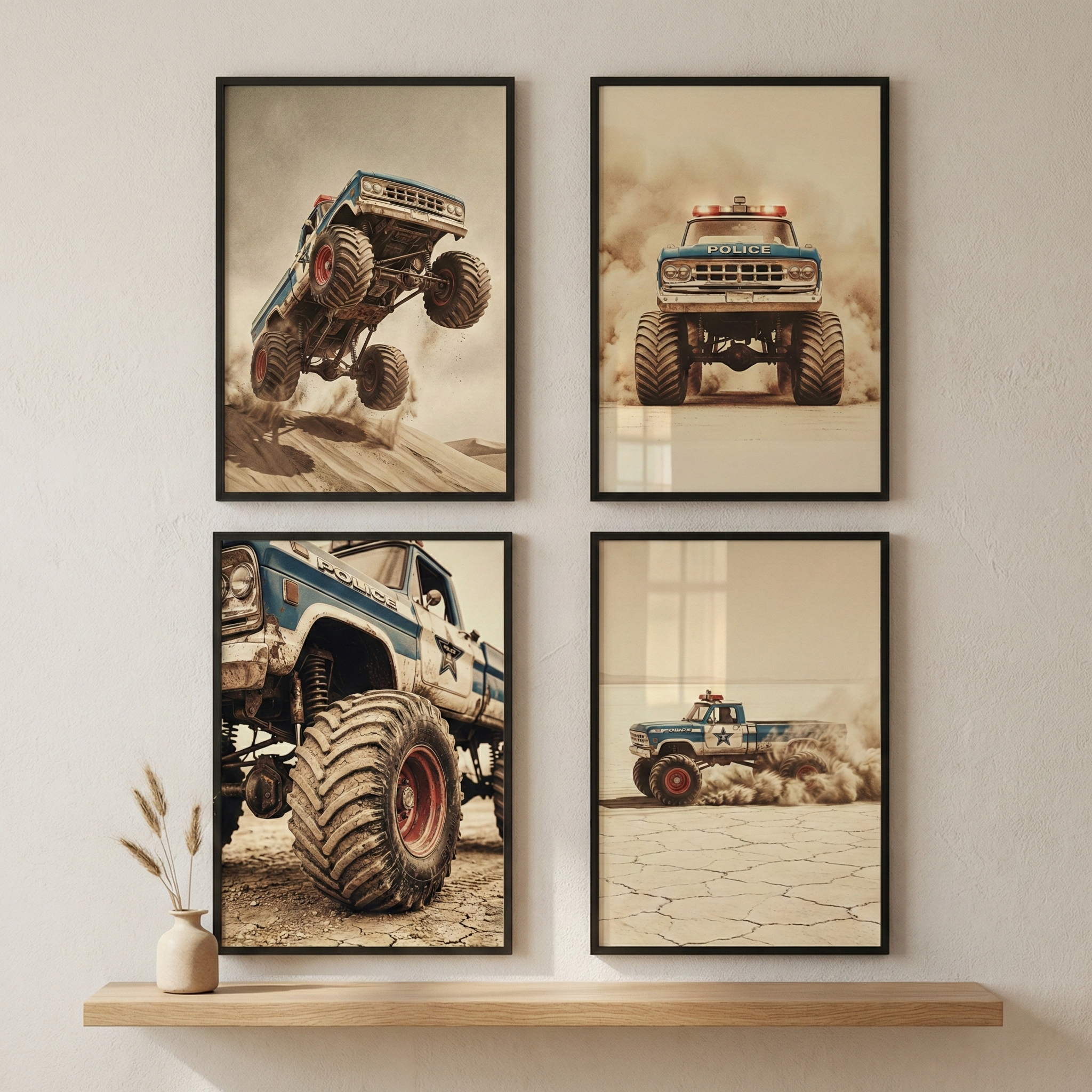 Four framed pictures are hung in a 2x2 grid on a textured wall above a simple wooden shelf. The shelf holds a small ceramic vase with dried botanical sprigs. Each picture features a blue and white vintage-style truck with massive tires in a desert setting. One shows the truck jumping, another a front view through dust, a third is a low-angle close-up of a tire, and the fourth shows the truck speeding across a dry lakebed. The set has a muted, sepia-toned aesthetic.