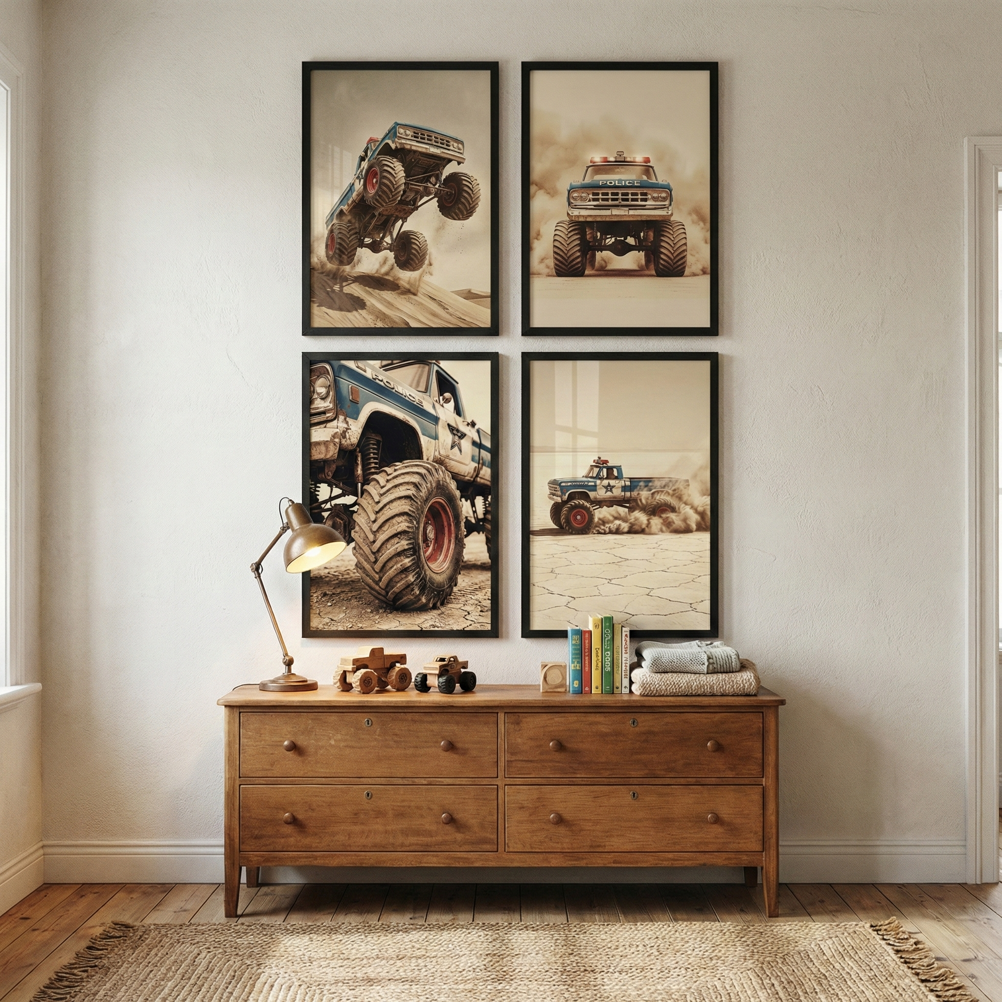 Four framed art pieces depicting monster trucks are arranged in a square on a white wall. The top left image shows a blue monster truck jumping off a dirt hill against a dusty sky. To its right, a blue monster truck is shown from the front, kicking up a cloud of dust. Below the first image, a close-up shot focuses on the massive, treaded tire of a blue and white monster truck. 