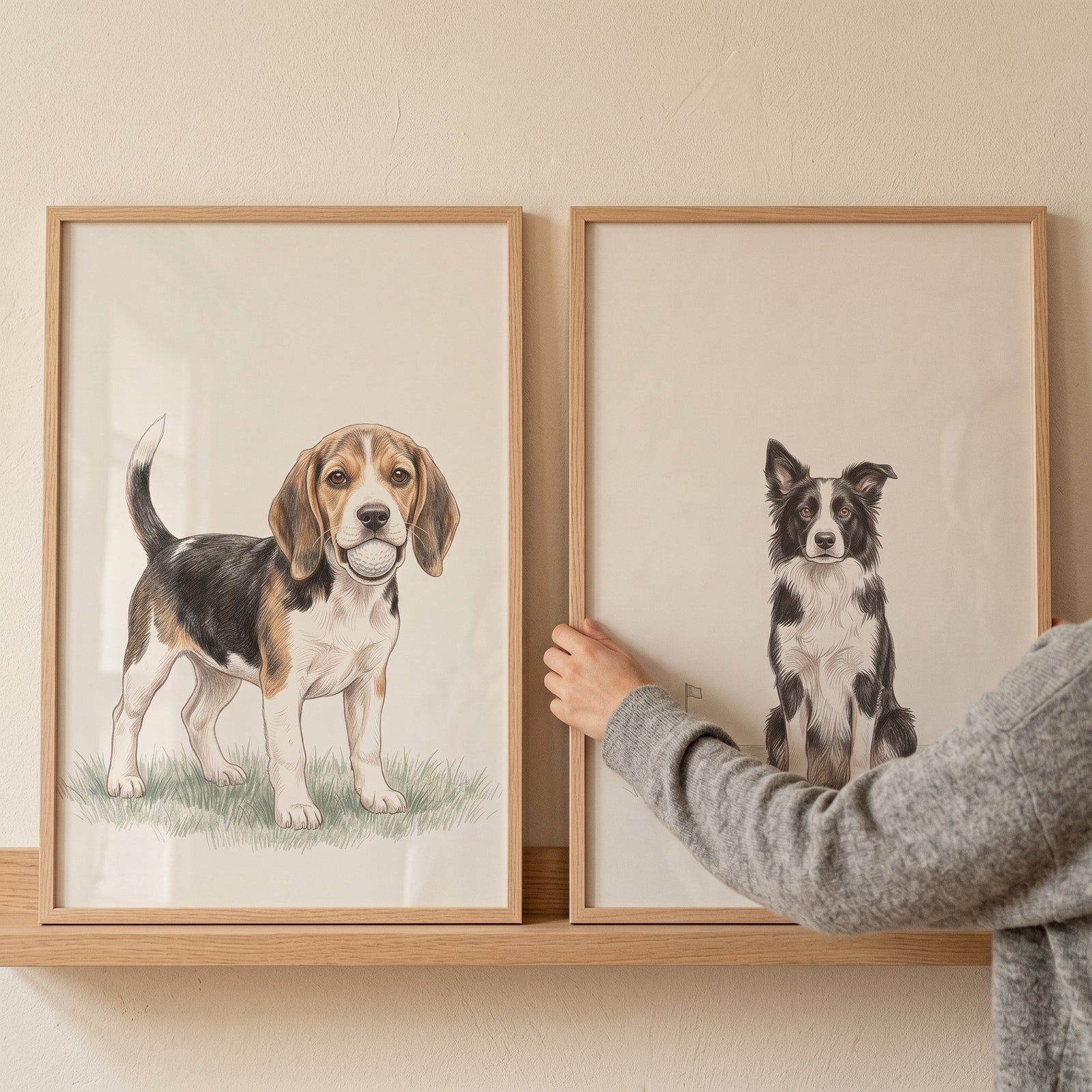 A person holds a polished fairway sporting dogs wall art set of 2 featuring a beagle and border collie on a shelf.