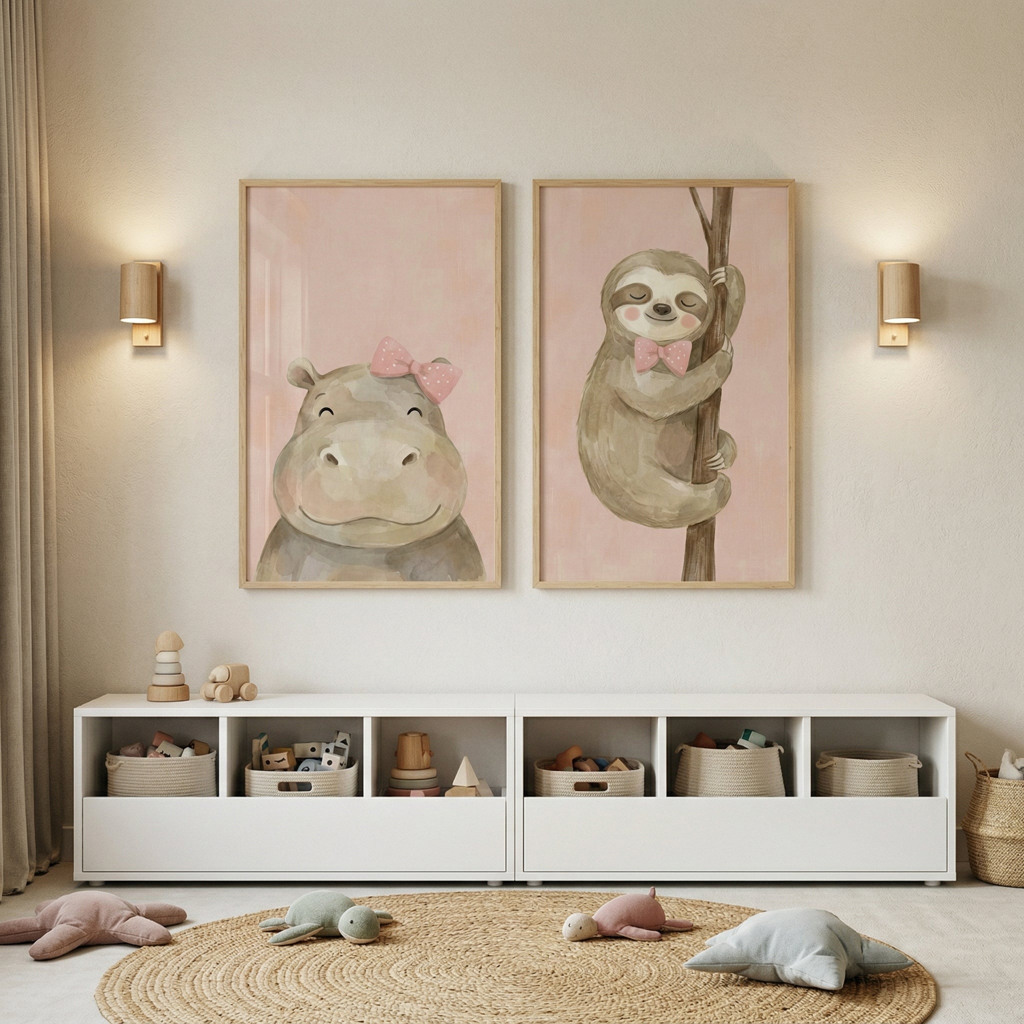 Polka Dot Bow Animal Wall Art Set of 2 - Blush Animal Pair