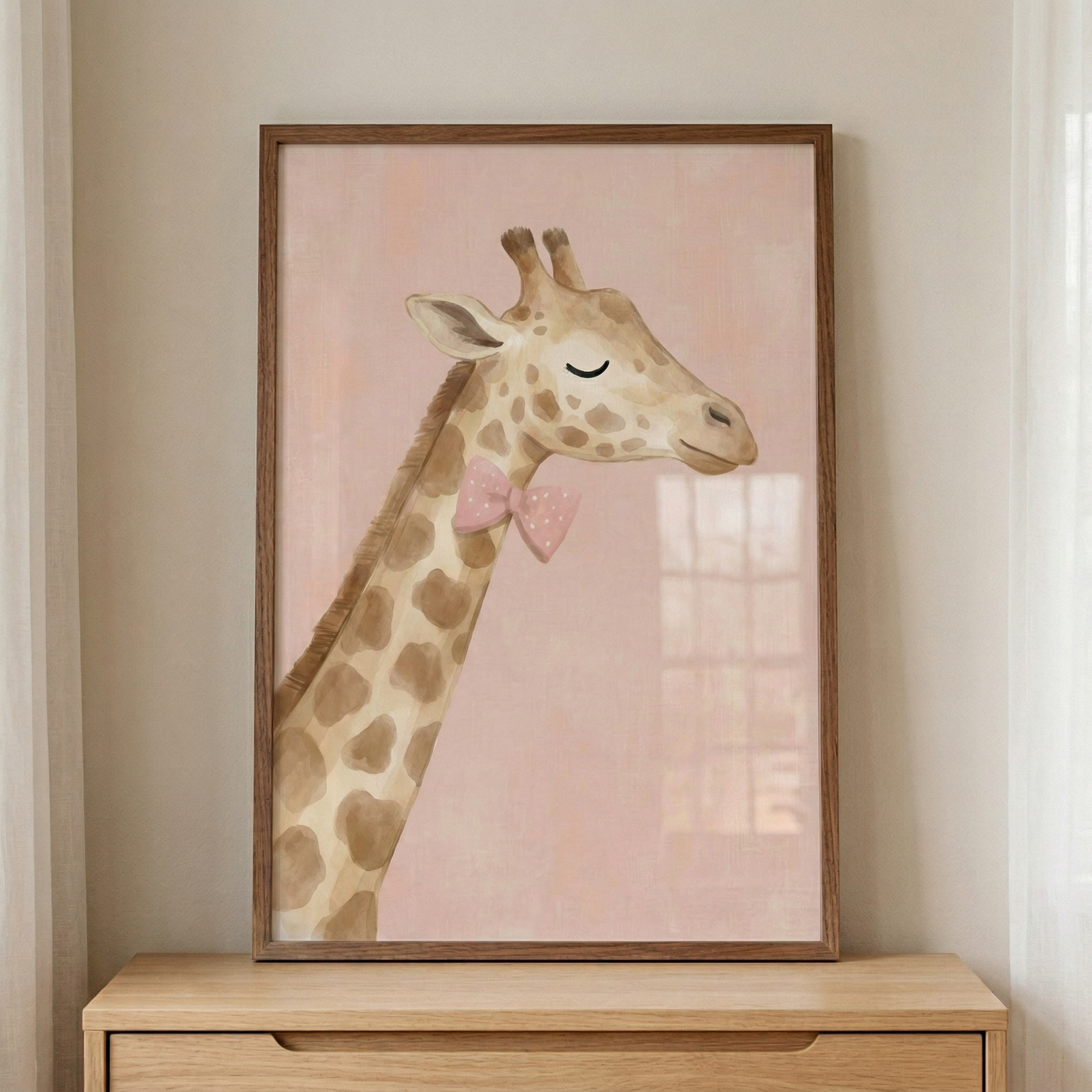 A framed vertical illustration depicts a gentle giraffe against a soft pink background. The giraffe is shown from the chest up, with its eyes closed in a peaceful expression and long, delicate eyelashes. It features classic brown spots and wears a charming pink bow tie decorated with subtle white dots. The artwork has a soft, textured quality with muted tones. It is enclosed in a minimalist wood frame with a medium brown finish. 