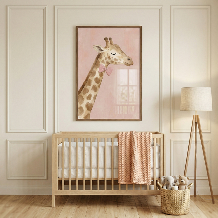 A minimalist nursery with cream-colored paneled walls and light wood floors. Above a simple wooden crib hangs a framed watercolor-style illustration of a giraffe wearing a pink bow tie. A textured peach knit blanket is draped over the side of the crib. In the corner, a tripod floor lamp stands beside a woven basket containing plush animal toys. The overall atmosphere is soft, warm, and peaceful.