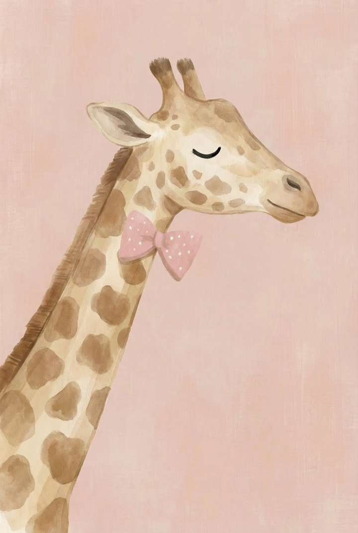 Giraffe shown in profile with eyes closed and a pink bow tie, its long neck extending upward against a soft pink background. The simple composition highlights the animal’s gentle expression.
