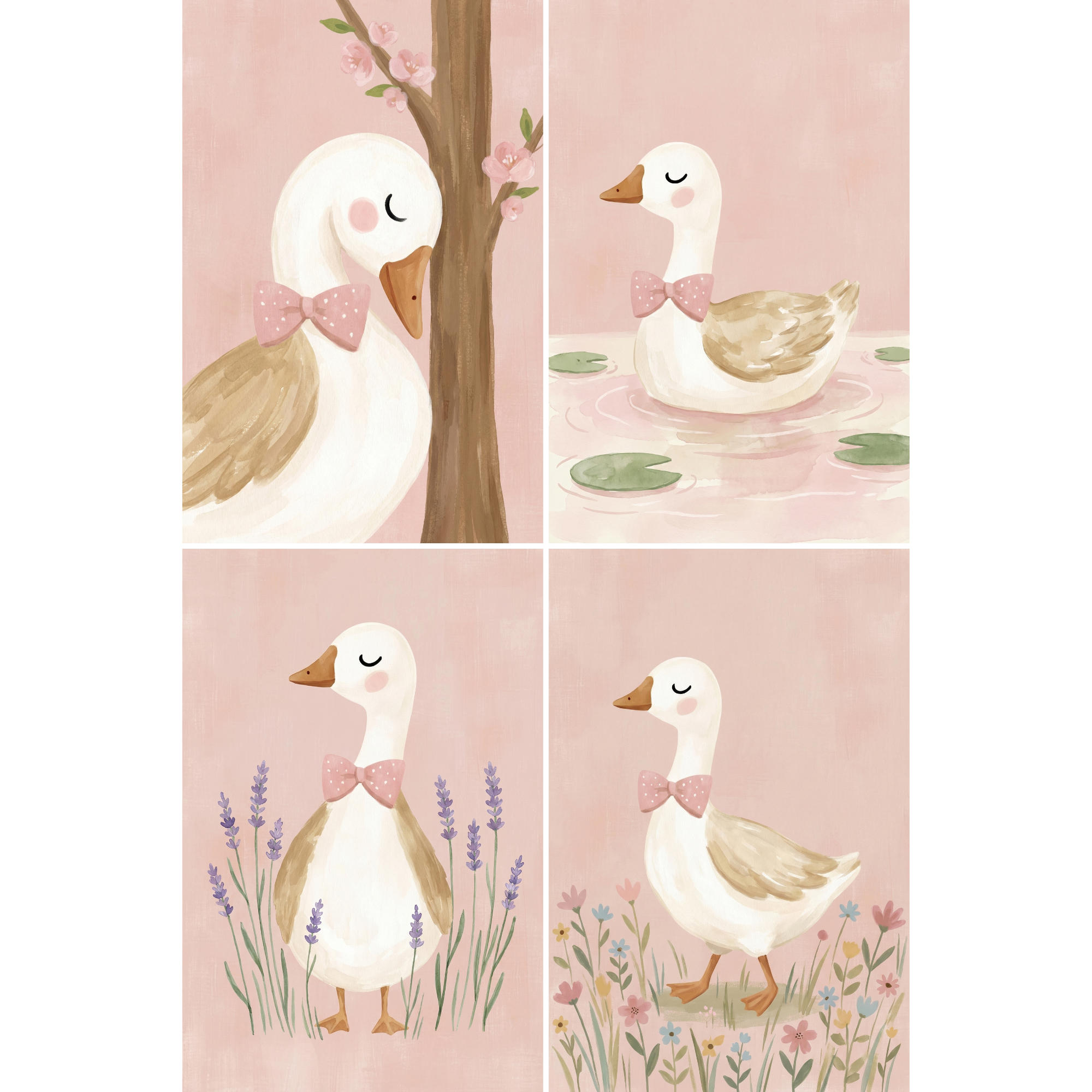 Polka Dot Bow Goose Wall Art Set of 4 - Gentle Pond Duck