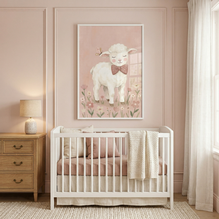 A serene and gentle nursery scene is set against walls of soft blush pink with classic decorative paneling. In the center of the room, a white wooden crib features a simple, clean design with vertical slats. Inside the crib, a dusty rose-colored fitted sheet is paired with a matching pink pillow and a cream-colored textured pillow. A thick, cream-colored knitted blanket is casually draped over the side rail. 
