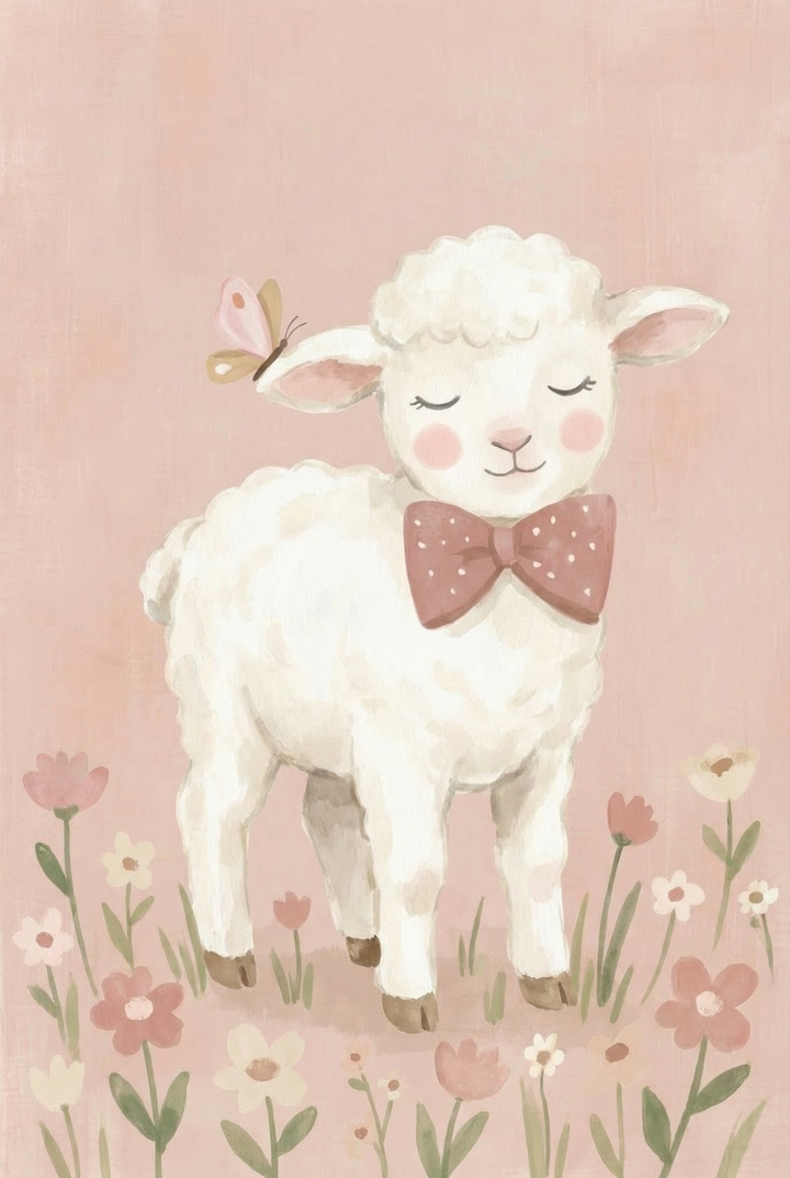 Fluffy white lamb standing in a field of simple flowers with eyes closed and a pink bow tie, while a butterfly rests near its ear. The gentle colors and floral setting create a soft and soothing countryside scene.

