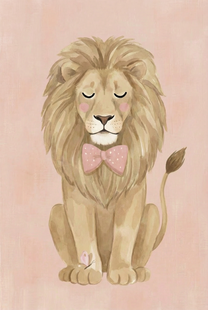  Illustrated lion sitting upright with eyes closed and a soft pink bow tie, its full mane framing its face against a muted pink background. A small butterfly rests near its paw, adding to the calm and gentle mood.

