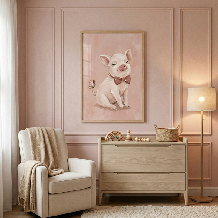 A cozy nursery is decorated in soft pink tones. The focal point is a framed illustration of a smiling pig with a bow tie and a butterfly near its tail. The walls have classic molding. A white armchair with a beige throw sits to the left. A light wood dresser holds wooden toys and a woven basket. A tall floor lamp with a glowing shade stands next to it. A plush white rug covers part of the floor, creating a warm and gentle atmosphere.