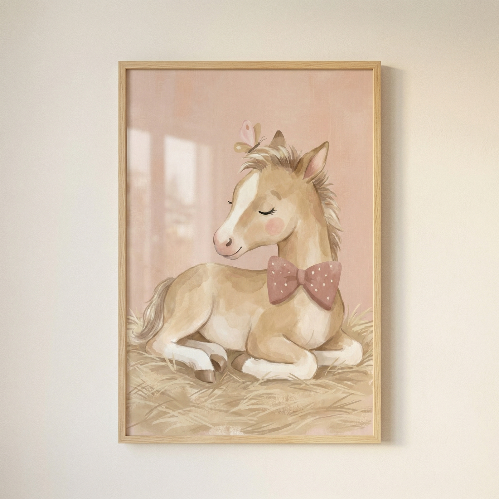 A framed digital illustration features a soft, whimsical depiction of a young foal. The foal is resting on a pile of hay, looking back over its shoulder with closed eyes and long lashes. It wears a pink polka-dotted bow tie, and a small pink butterfly is perched near its ear. The artwork uses a muted color palette of beige, tan, and dusty pink, giving it a gentle and calming appearance. It is set within a light-colored wooden frame hanging on a neutral wall.