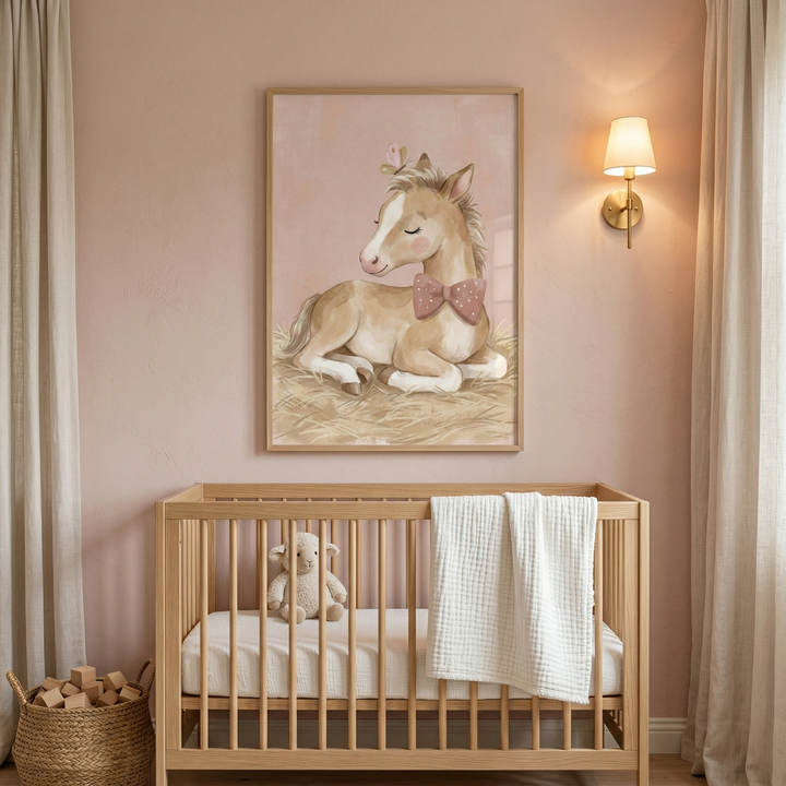 A peaceful baby nursery features soft dusty rose walls and light-colored wooden furniture. In the center, a large wooden-framed artwork depicts a sweet, light brown baby horse lying down in a bed of golden hay. The horse has a cream mane, its eyes are gently closed, and it wears a large pink bow with white polka dots around its neck. A tiny butterfly rests delicately on its head. 
