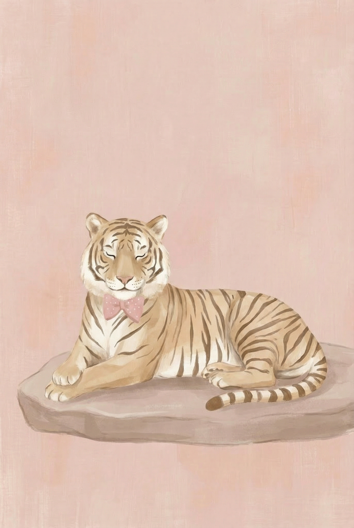 Tiger lying down on a flat rock with eyes closed and a pink bow tie, set against a soft pink background. The resting pose and muted tones create a calm and serene atmosphere.

