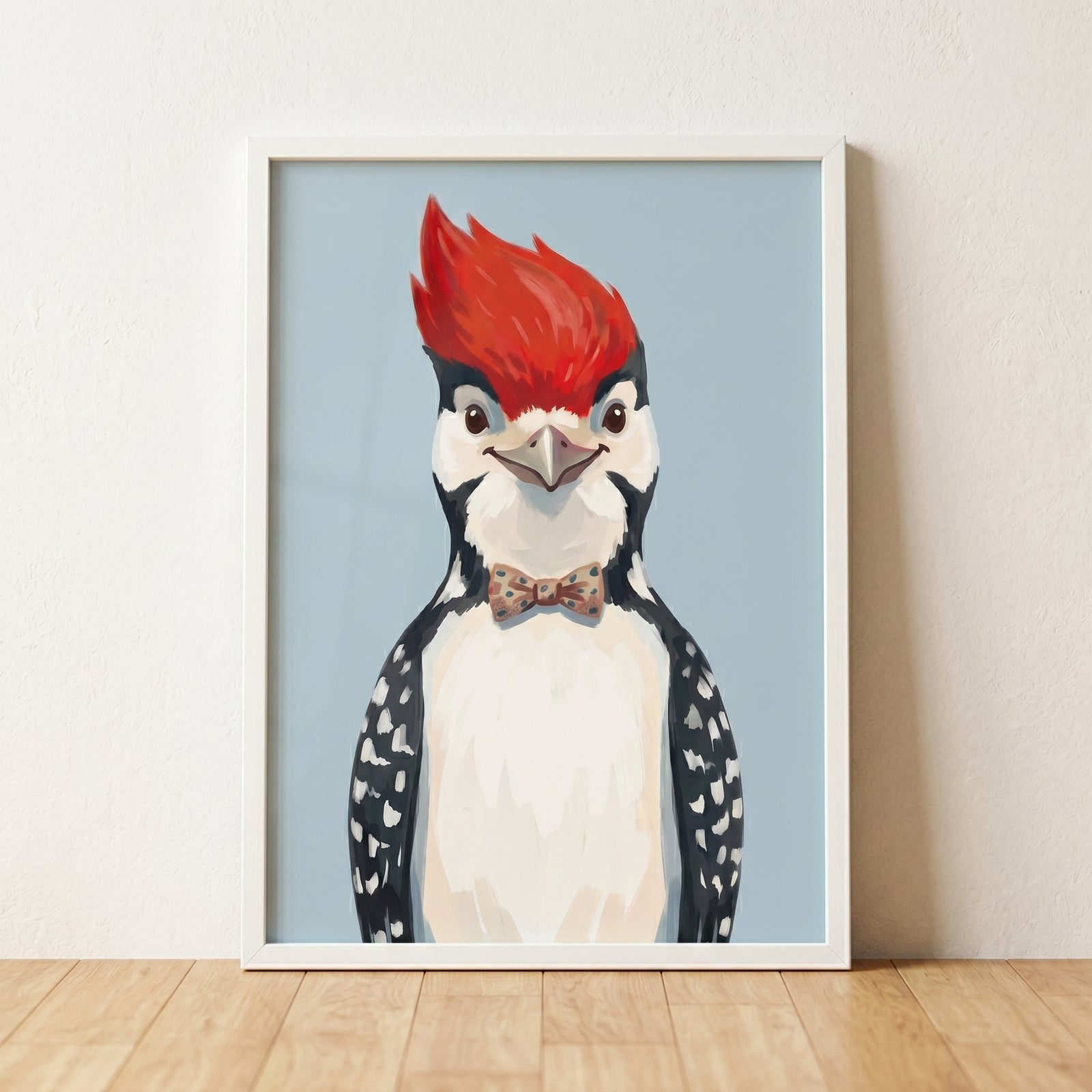 Polka dot bow woodpecker wall art featuring a bird with a red crest and bowtie on a blue background in a white frame.