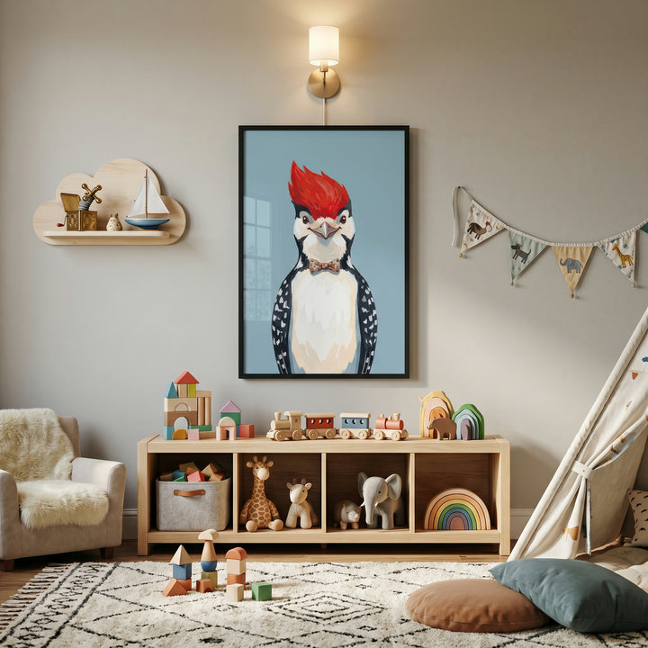 Polka dot bow woodpecker wall art hangs above a toy shelf in a neutral playroom with a teepee and cozy chair.