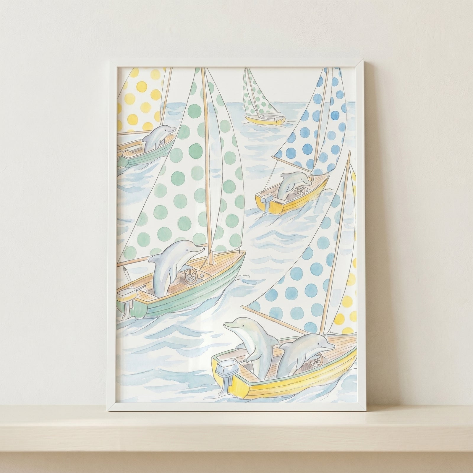 Framed polka dot sail dolphin wall art with dolphins steering colorful sailboats across light blue water.