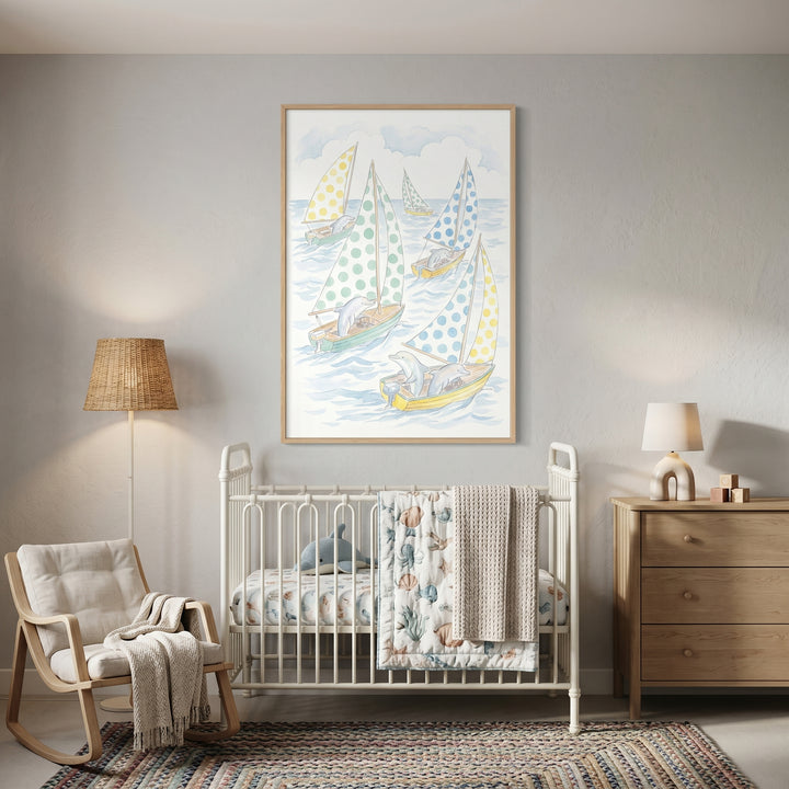 Polka dot sail dolphin wall art hangs above a white crib in a neutral nursery with a wooden dresser and rocking chair.