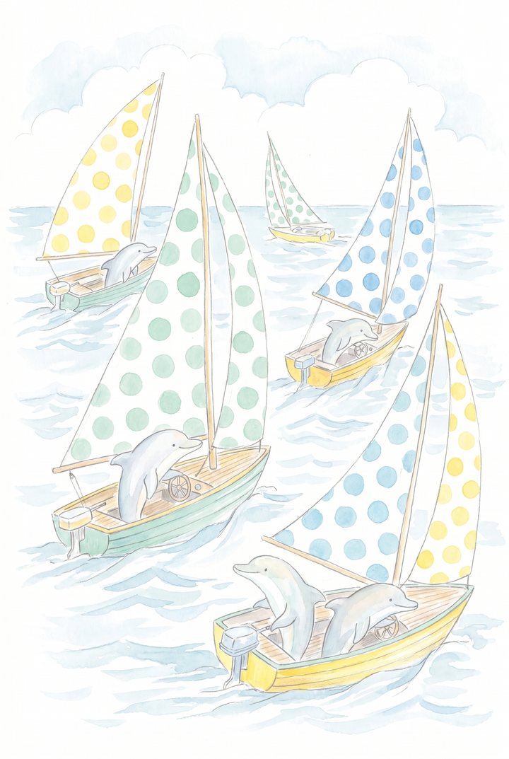 Dolphins steer small boats through ocean waves in this watercolor polka dot sail dolphin wall art.