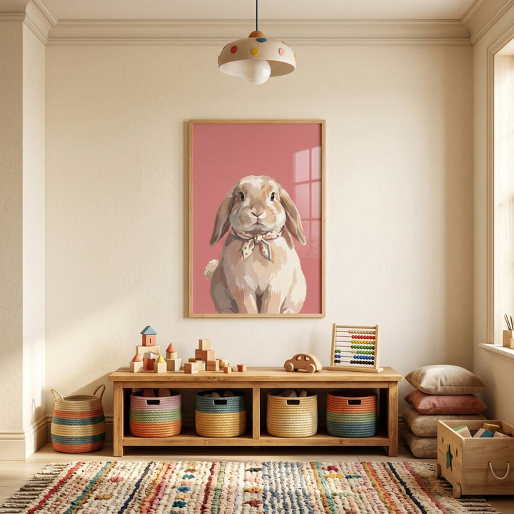 Cozy nursery with polka dot scarf bunny wall art above a wooden toy bench, colorful baskets, and a textured rug.