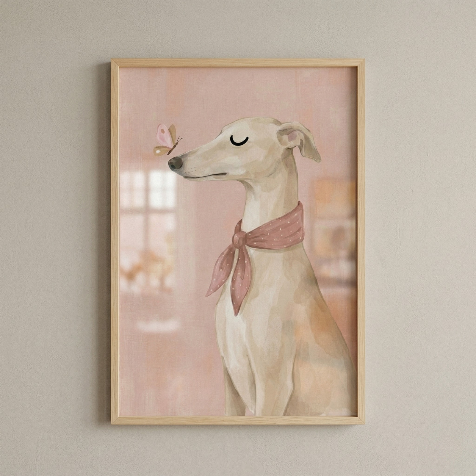 An illustrative piece of art in a light wood frame features a slender, cream-colored dog with its eyes closed in a peaceful expression. Shown in profile, the dog faces left and wears a dusty pink scarf with white polka dots tied around its neck. A small, delicate butterfly with pink and brown wings hovers just in front of its nose. 