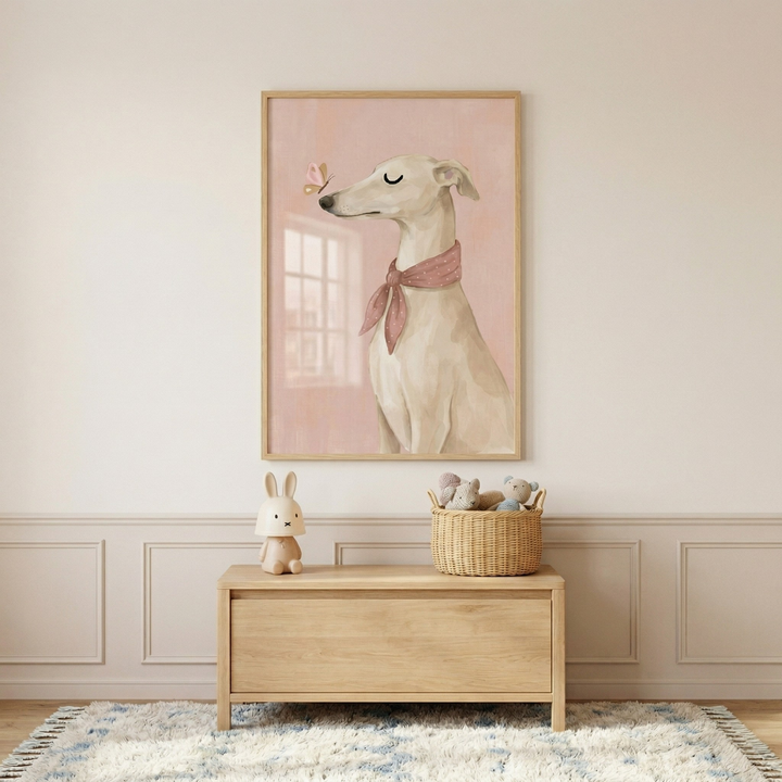 A soft-toned interior scene displays a framed artwork centered on an off-white wall with classic wainscoting. The illustration depicts a slender, cream-colored dog with its eyes closed, wearing a pink patterned scarf. A delicate pink butterfly is perched near the dog’s nose against a warm peach-colored background featuring a subtle window reflection.
