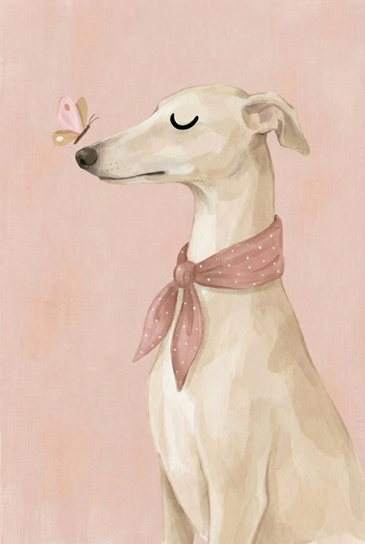 Minimalist illustration of a slender light colored dog wearing a pink polka dot scarf with a small butterfly resting near its nose against a soft blush background. The gentle pose and muted tones create a calm and whimsical portrait.

