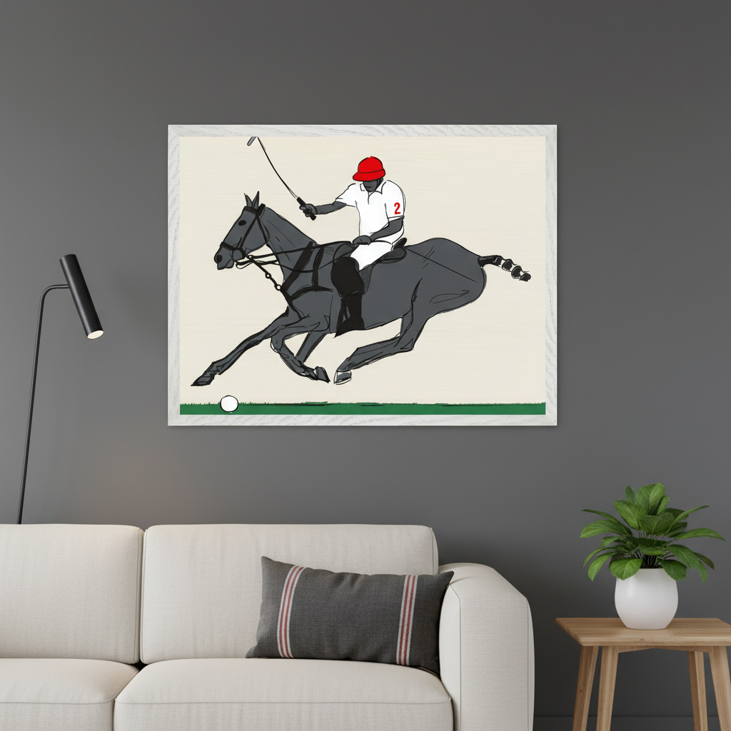 White sectional sofa in a modern living room with a black floor lamp to the left. Above the sofa, a large framed illustration depicts a polo player in a red helmet and white jersey with '2', riding a dark gray horse and hitting a white polo ball on a green field. A small wooden side table with a plant is to the right.