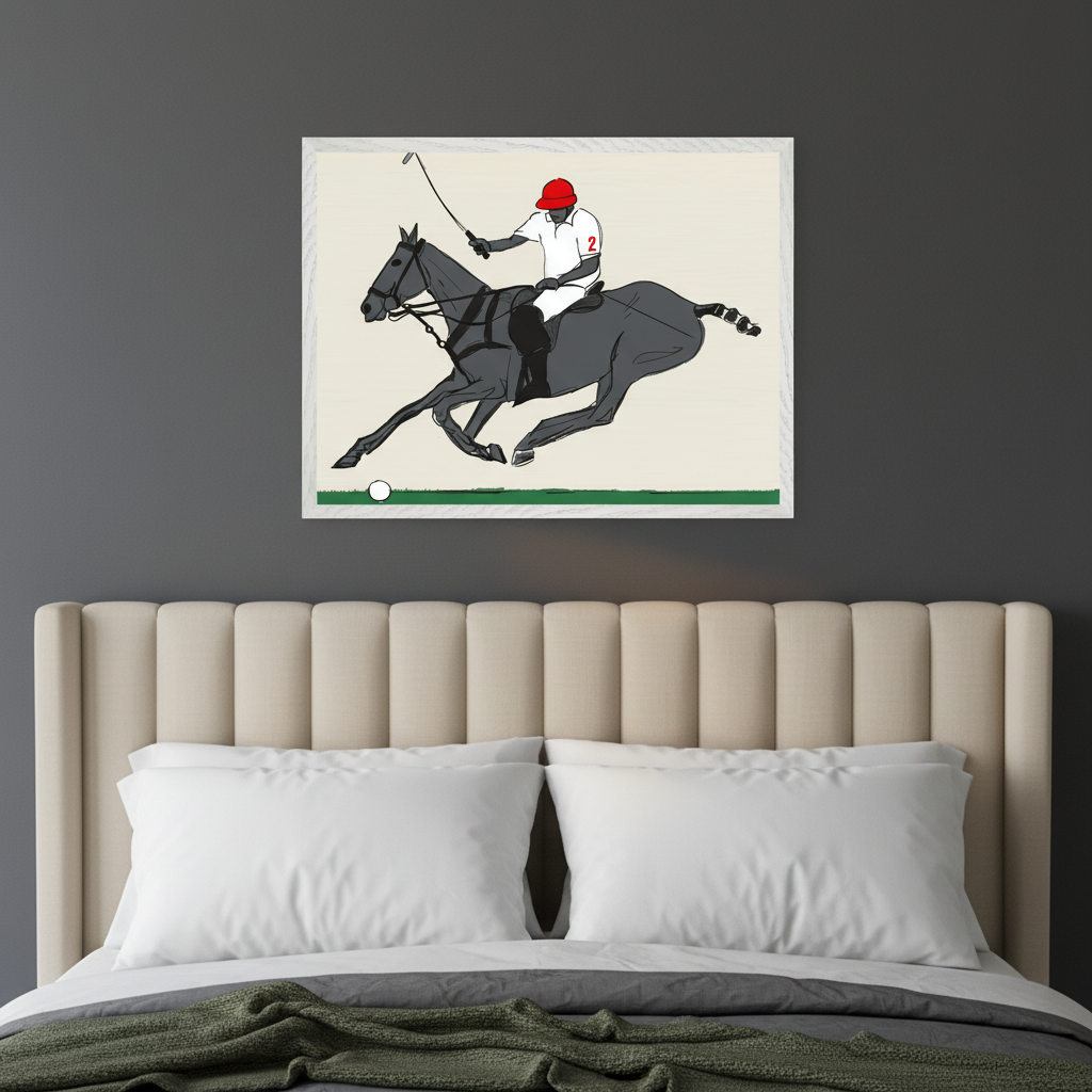 Modern bedroom with a beige upholstered bed. A framed illustration of a polo player in a red helmet on a dark horse, hitting a white ball on green ground, hangs centered above the bed.
