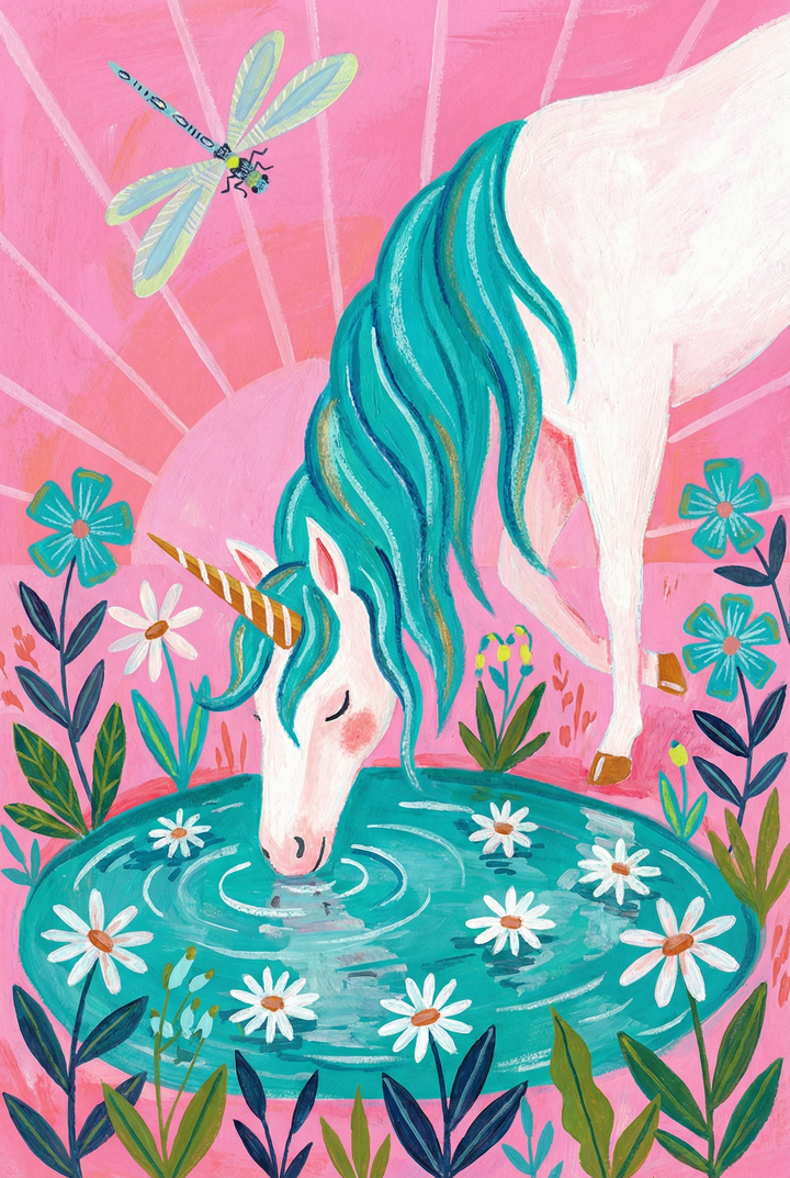 Whimsical illustration of a white unicorn with a golden striped horn and a long, flowing turquoise mane. The creature leans down to drink from a circular blue pool filled with floating white daisies, creating ripples in the water. The scene is set against a vibrant pink background with radiating light lines. Various stylized blue and white flowers frame the bottom and sides, while a large, colorful dragonfly floats in the upper left. The artwork has a textured, hand-drawn feel.