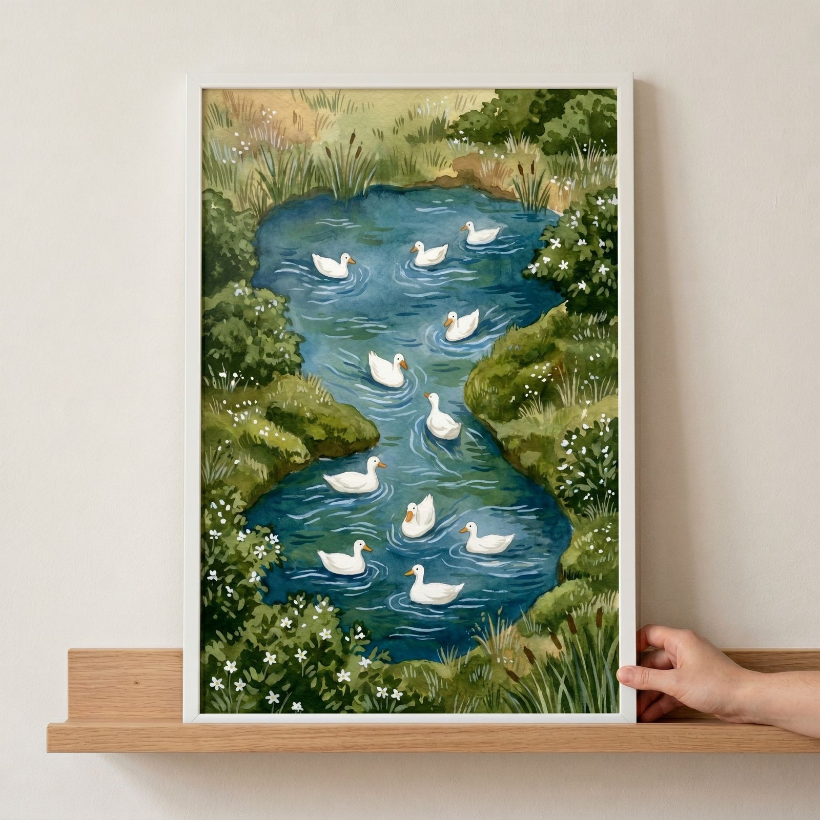 Ten white ducks glide on a blue pond in this pond swimming white duck wall art, bordered by greenery and white flowers.