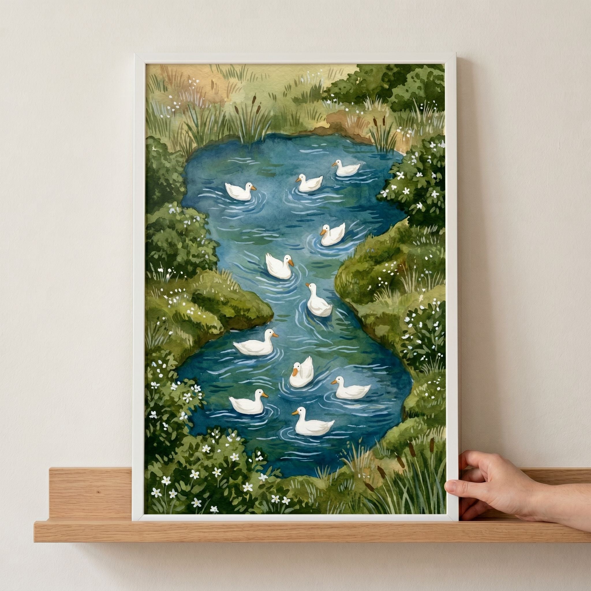 Pond Swimming White Duck Wall Art - Serene Duck Pond