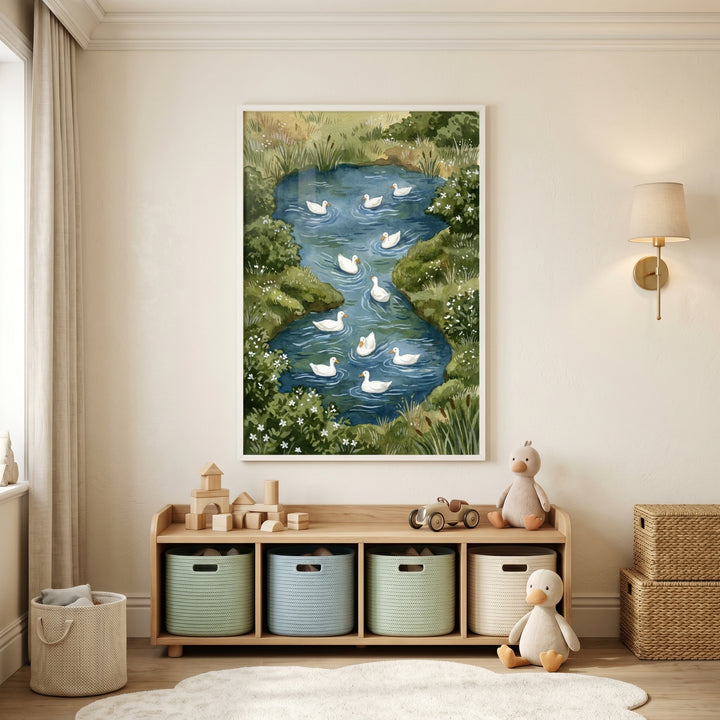 pond swimming white duck wall art above a wooden shelf with storage bins, plush toys, and a cloud rug in a nursery.