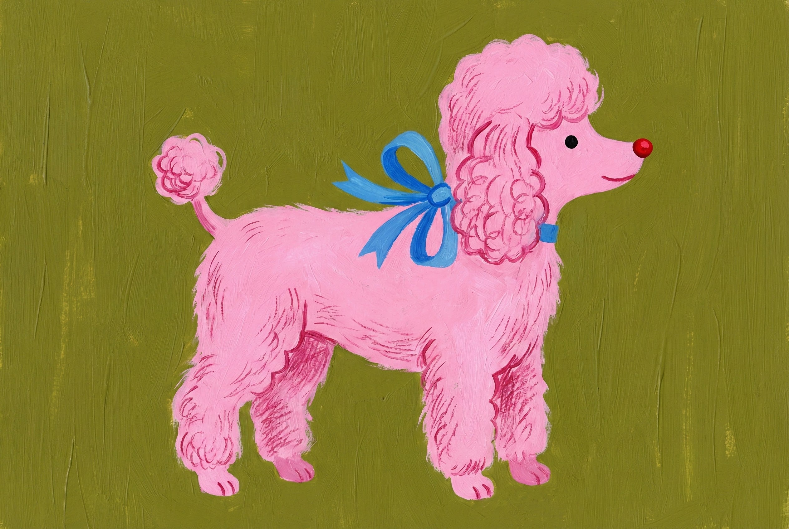 Whimsical oil painting of a pink poodle with curly fur, a red nose, and a blue bow tied around its neck. The dog stands in profile against an olive green background, giving off a playful and stylish vibe.