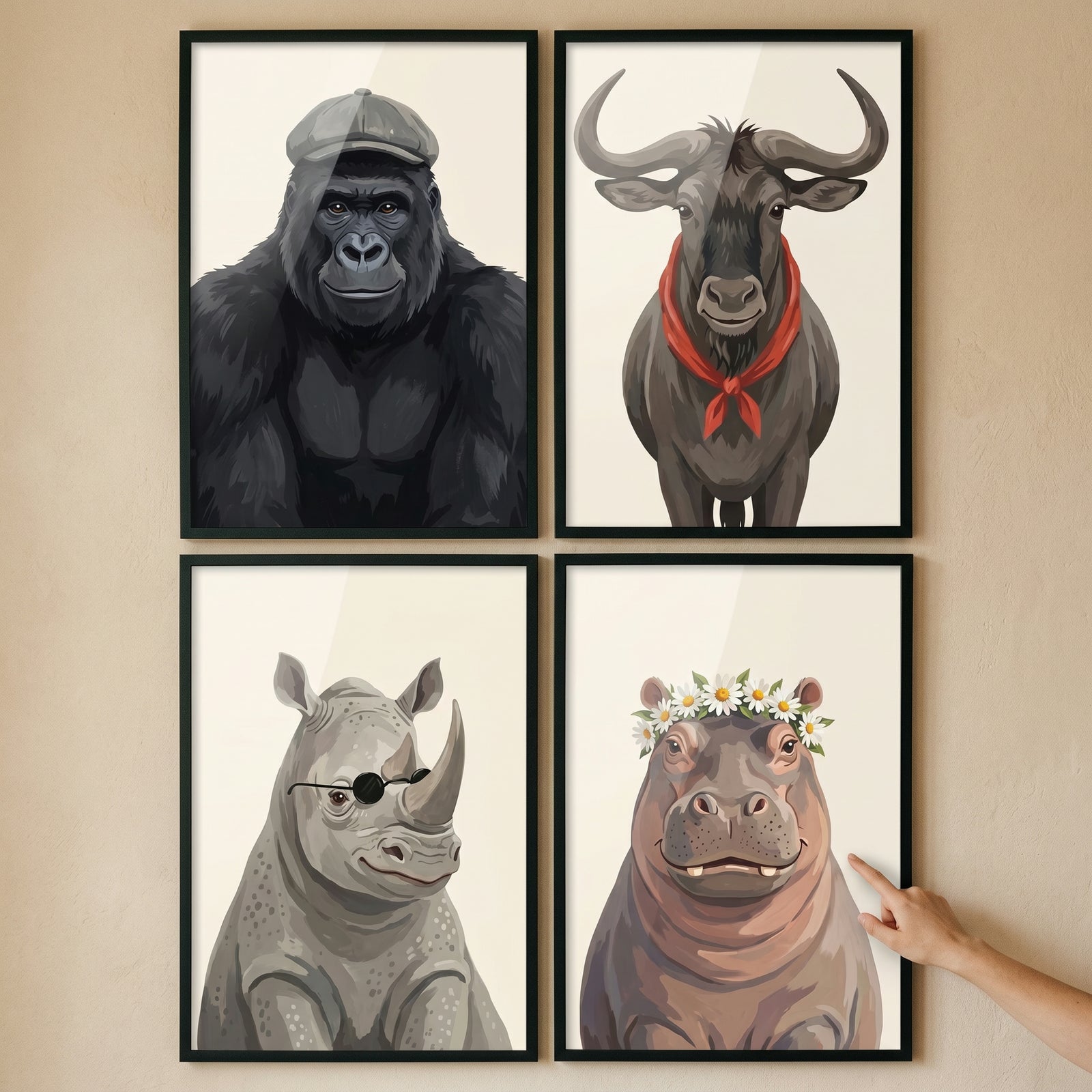 Portrait dapper safari animal wall art set of 4 features a gorilla, wildebeest, rhino, and hippo with stylish accessories.
