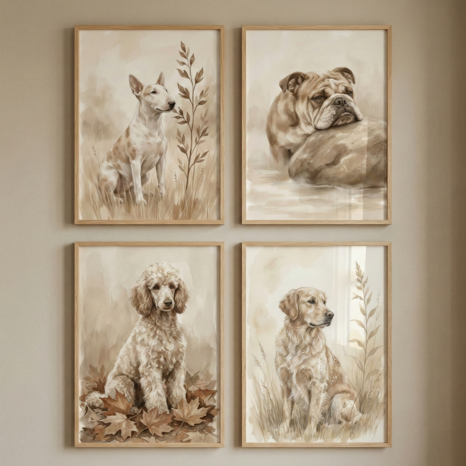 Four framed art pieces are arranged in a square grid on a neutral-colored wall. Each frame, made of light-toned wood, contains a soft, watercolor-style illustration of a dog in warm, sepia-like tones. The top left piece shows a bull terrier sitting among grass and a tall plant. To its right, a bulldog rests its head on a large stone. The bottom left features a poodle sitting atop a bed of fallen leaves, and the bottom right depicts a golden retriever sitting in a field of tall grass.