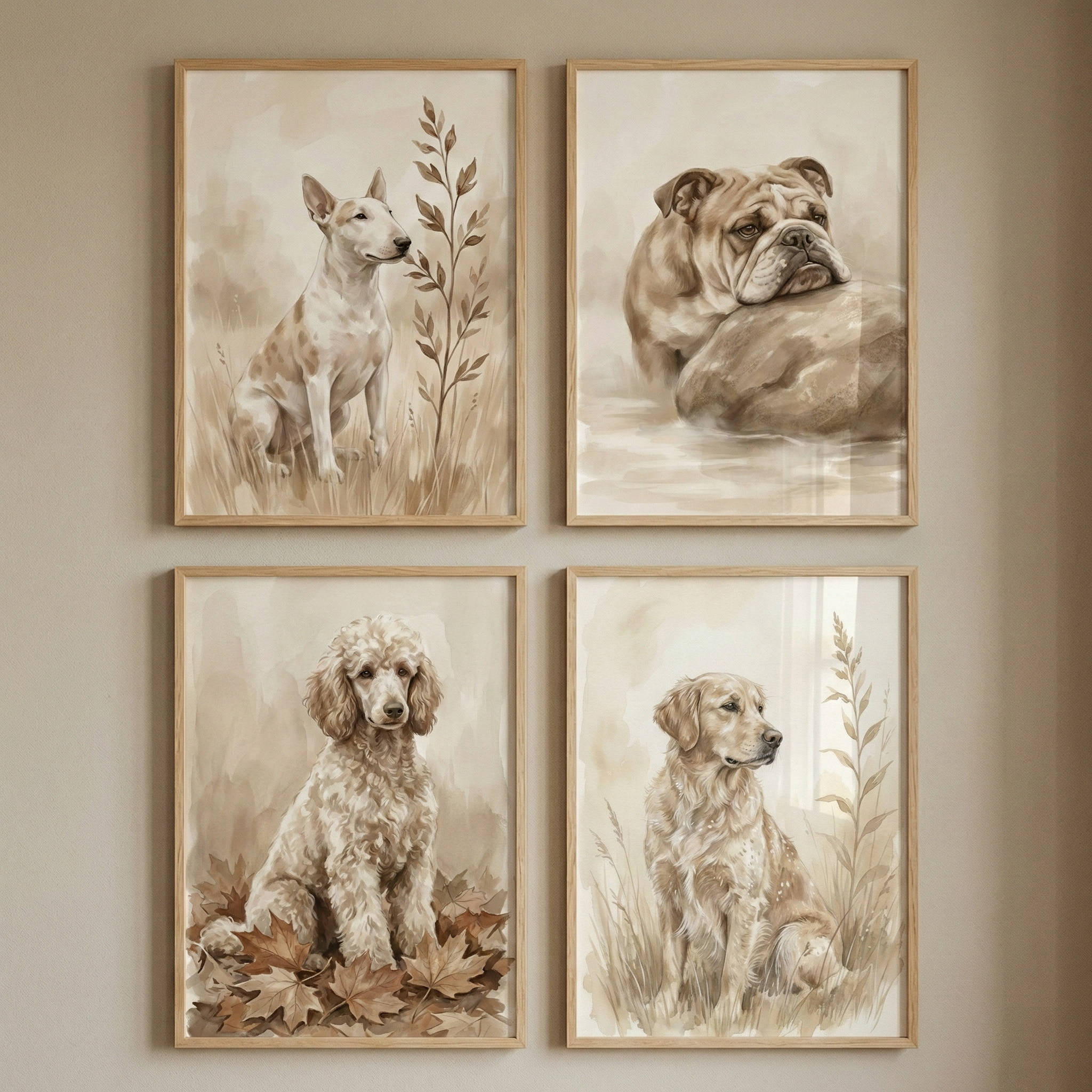 Portrait Dog Wall Art Set of 4 - Earthy Canine Sketches