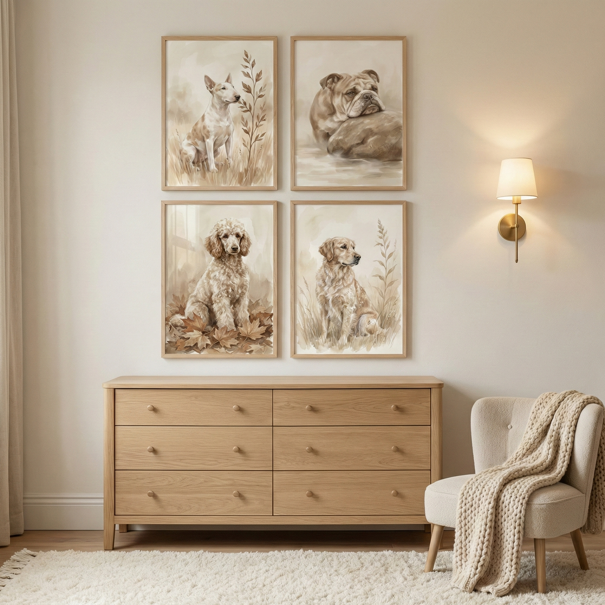 Portrait Dog Wall Art Set of 4 - Earthy Canine Sketches