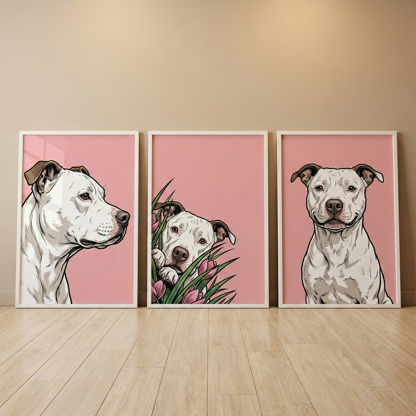 Three framed graphic illustrations of a white dog with brown ears are leaning against a neutral-colored wall on a light wood floor. Each artwork features a solid pink background. The left frame shows the dog in profile looking right. The center frame depicts the dog peeking through green grass and pink tulips. The right frame shows the dog facing forward with a wide, happy expression. The frames are simple and white, creating a clean and modern aesthetic.