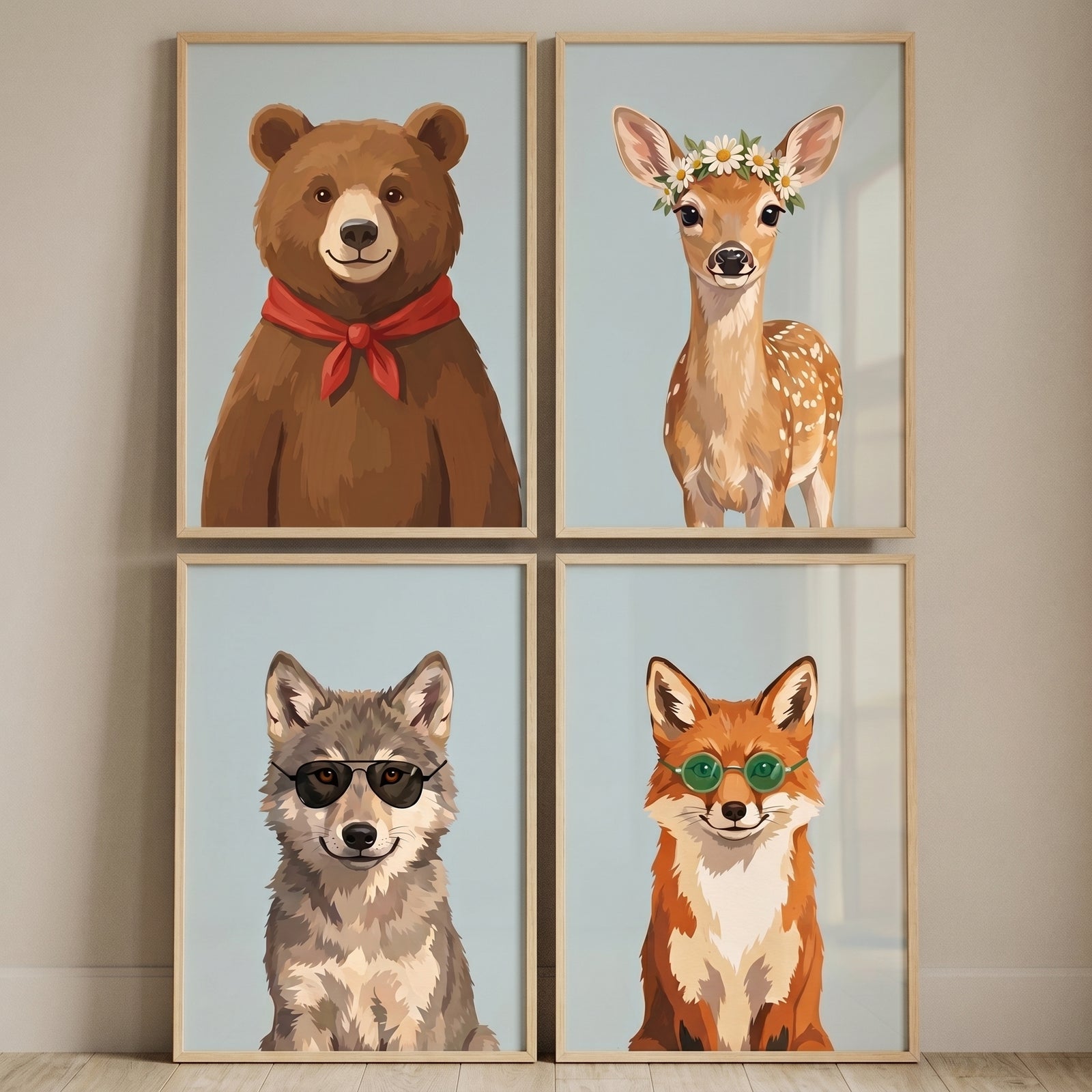 Portrait style woodland animal wall art set of 4 featuring a bear, deer, wolf, and fox wearing accessories.