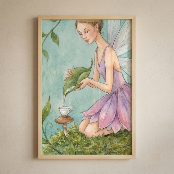 A framed artwork hanging on a neutral wall. The illustration features a fairy with translucent wings kneeling on a bed of green moss. She wears a purple dress with a skirt resembling flower petals. She is carefully pouring water from a large green leaf into a tiny white teacup that sits on a small brown mushroom. Soft green vines and leaves are in the background against a pale blue sky. The style is a gentle watercolor illustration, housed in a light wood frame.