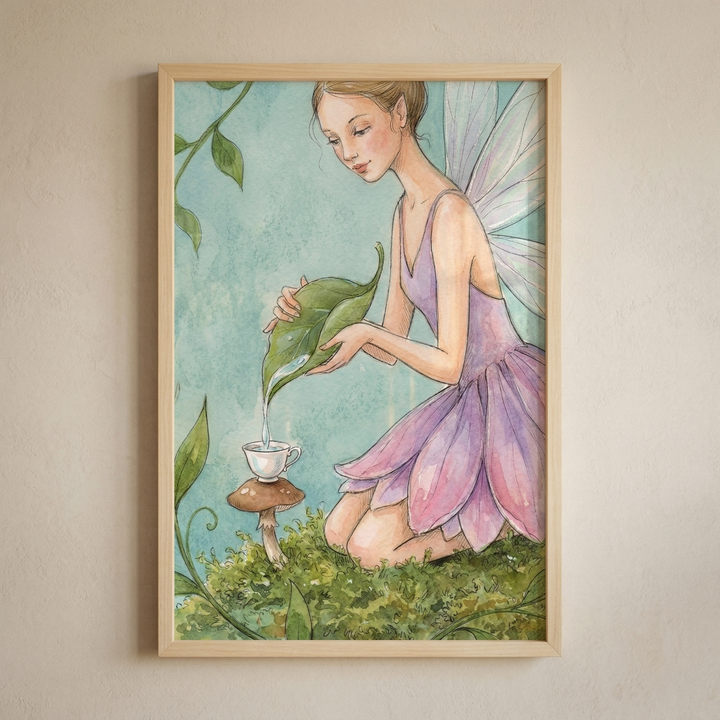 A framed artwork hanging on a neutral wall. The illustration features a fairy with translucent wings kneeling on a bed of green moss. She wears a purple dress with a skirt resembling flower petals. She is carefully pouring water from a large green leaf into a tiny white teacup that sits on a small brown mushroom. Soft green vines and leaves are in the background against a pale blue sky. The style is a gentle watercolor illustration, housed in a light wood frame.