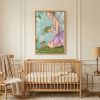 A neutral-toned nursery room features a piece of wall art centered above a light-colored wooden crib. The illustration depicts a delicate winged figure in a purple dress kneeling on green moss, pouring liquid from a large leaf into a tiny white cup resting on a small mushroom. Inside the crib lies a cream-colored blanket and a small plush toy. To the left is a wooden rocking chair with a beige knitted throw, and to the right is a gold-toned side table with a lamp. The room has elegant wall molding.