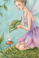 Soft watercolor illustration of a fairy in a lavender and pink petal dress kneeling on moss while pouring liquid from a curled green leaf into a tiny teacup balanced on top of a mushroom. Her translucent wings fill the background as curling vines and soft teal washes frame the scene and give it a quiet enchanted tea time feel.

