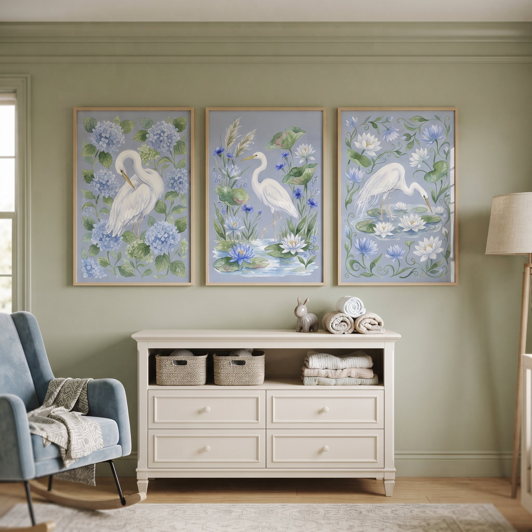 Powder Blue Botanical Heron Bird Wall Art Set of 3 - Azure Floral Birds