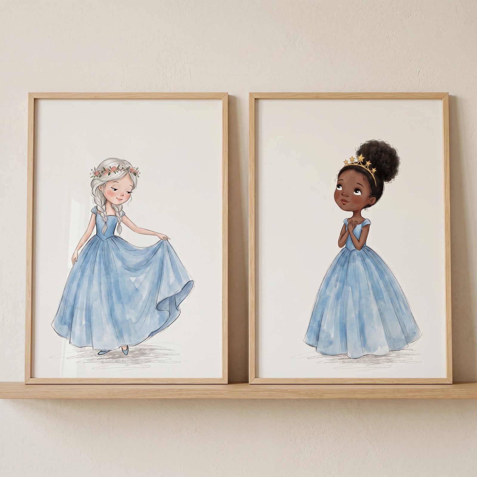 Powder blue gown princess wall art set of 2 features watercolor-style illustrations of girls in royal attire on a shelf.