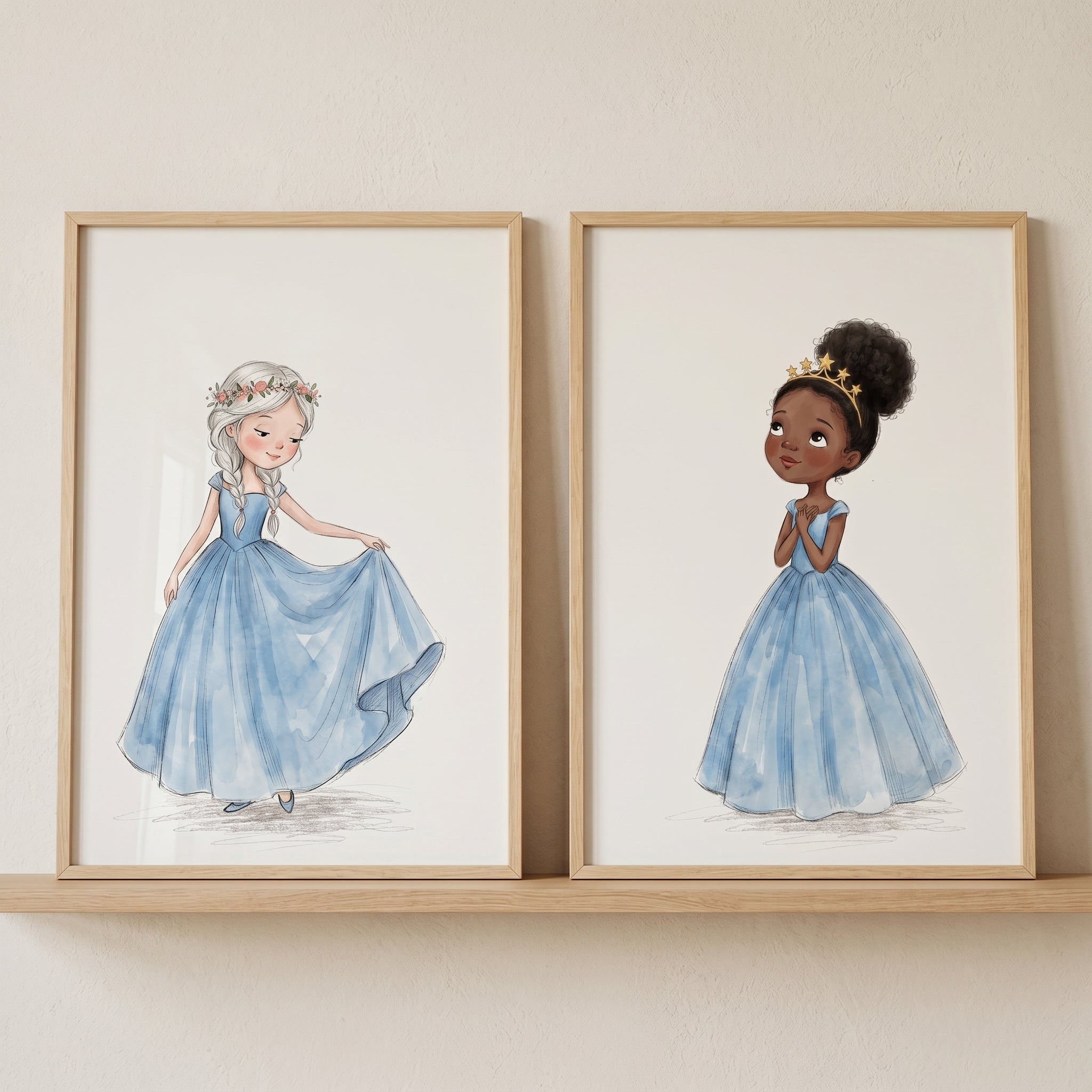 Powder Blue Gown Princess Wall Art Set of 2 - Whimsical Royal Friends