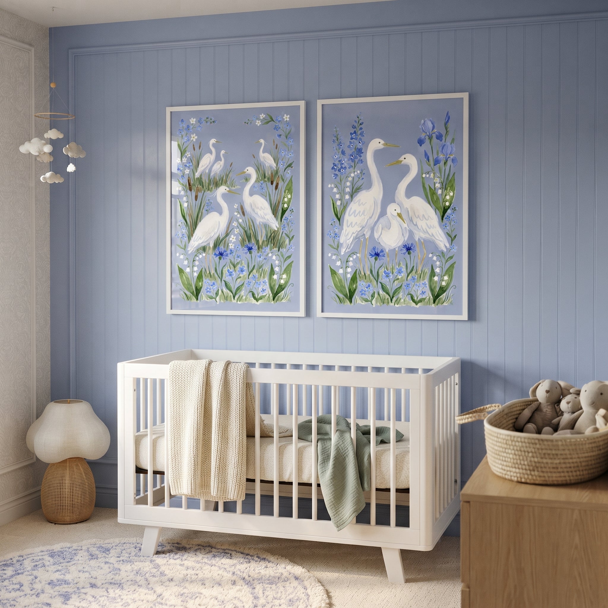 Powder Blue Wildflower Egret Bird Wall Art Set of 2 - Graceful White Herons